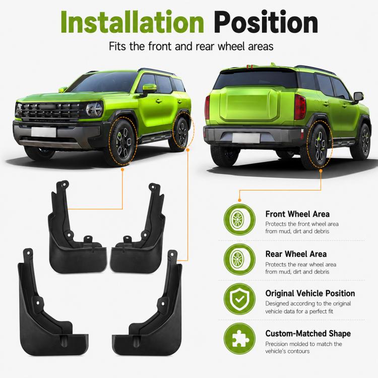 Black front and rear mud flap set showing left and right wheel area placement