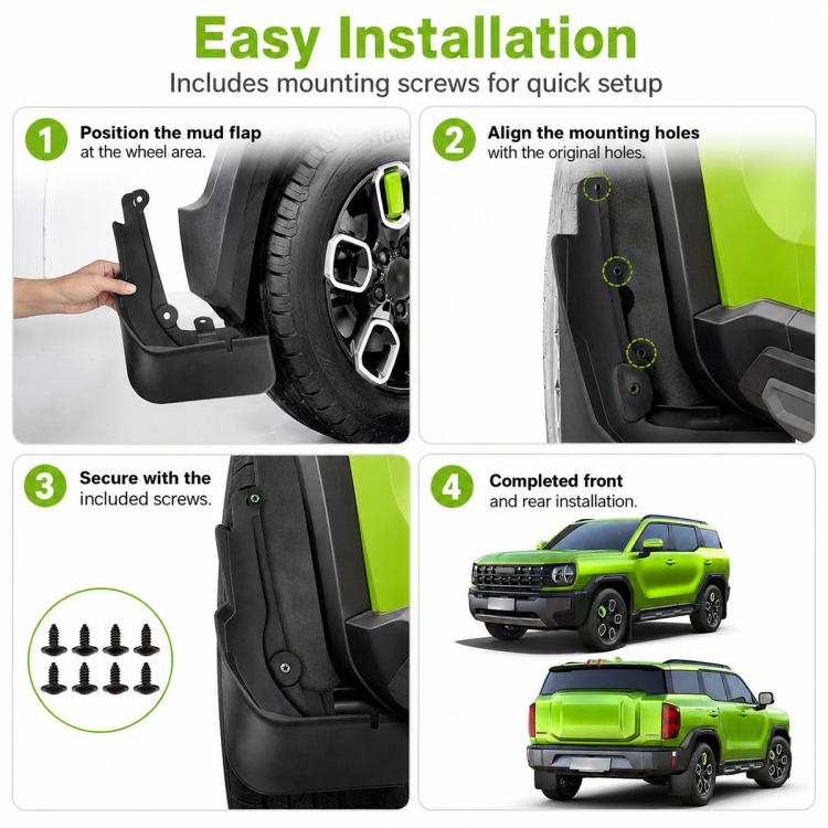 Black wheel splash flap installation steps with included mounting screws