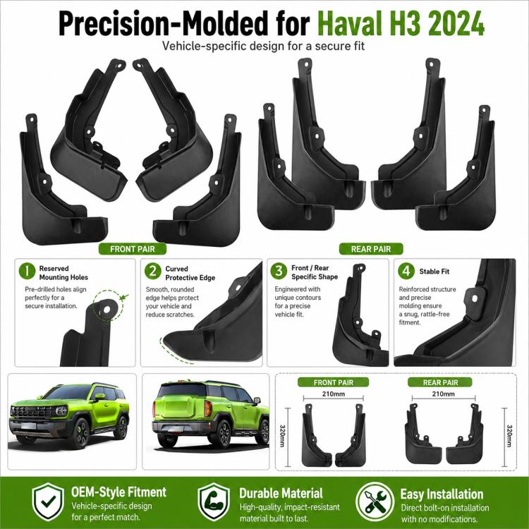 Black precision-molded splash flaps set with front and rear pairs