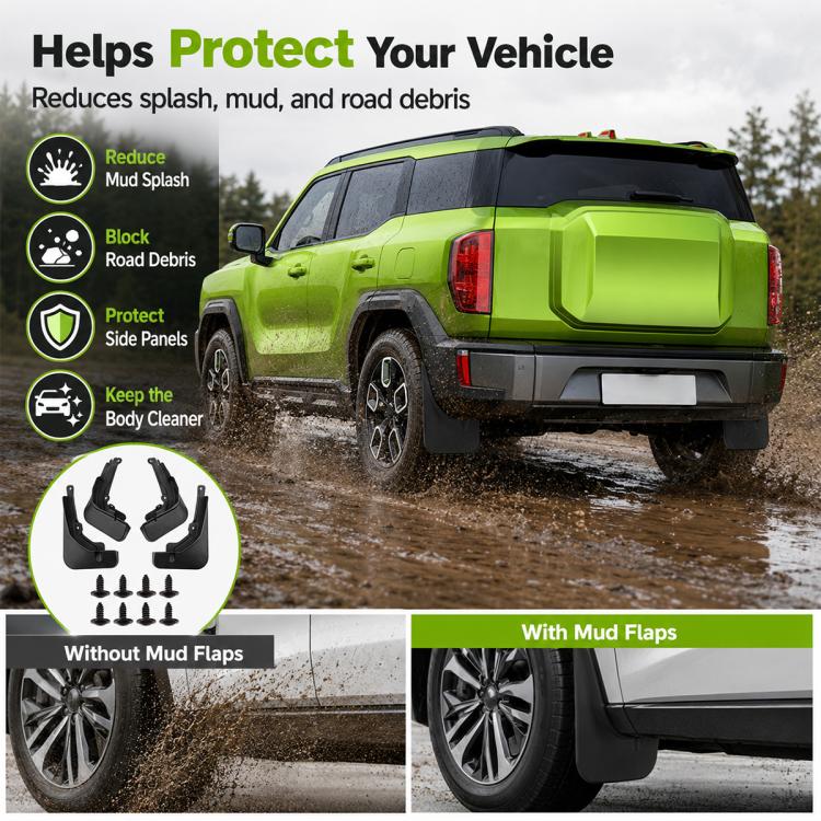 Black mud flap set helping block splash and road debris from wheels