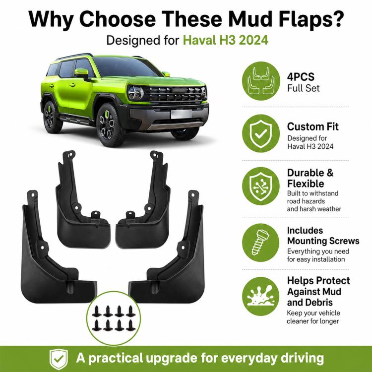Black 4-piece full set of wheel splash flaps with mounting screws included