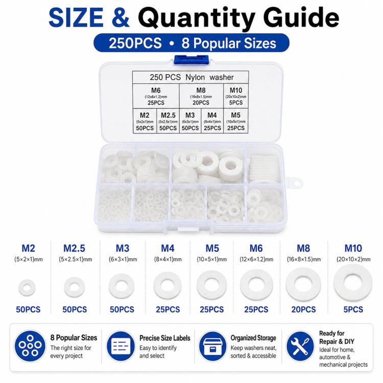Nylon washer kit with white O-shaped washers in a clear case with size-labeled sections