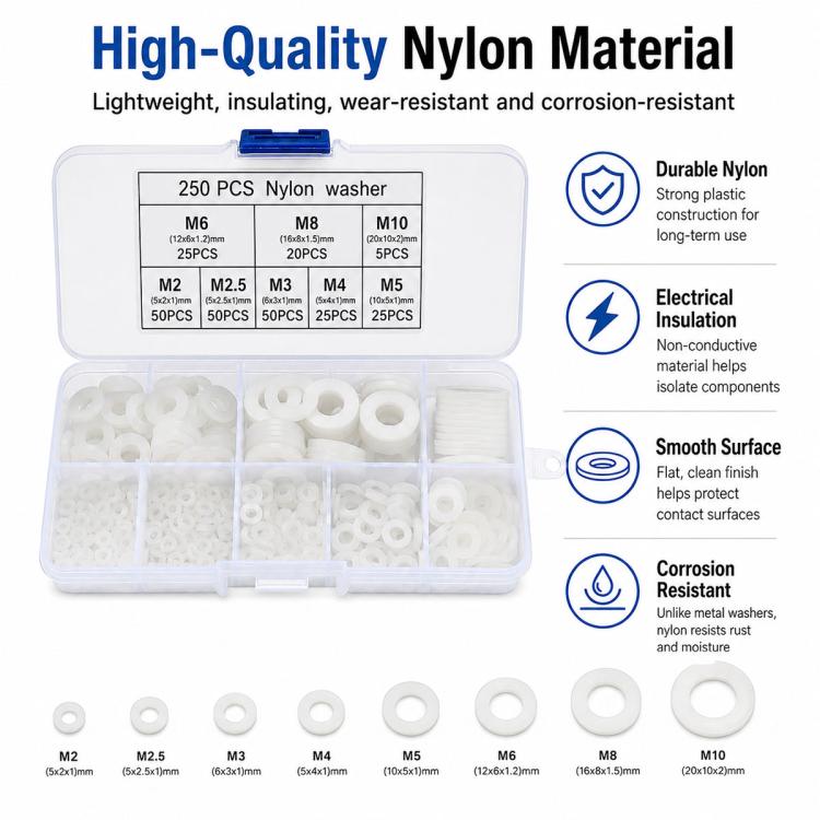 Nylon washer kit with assorted white O-shaped washers in a clear storage case
