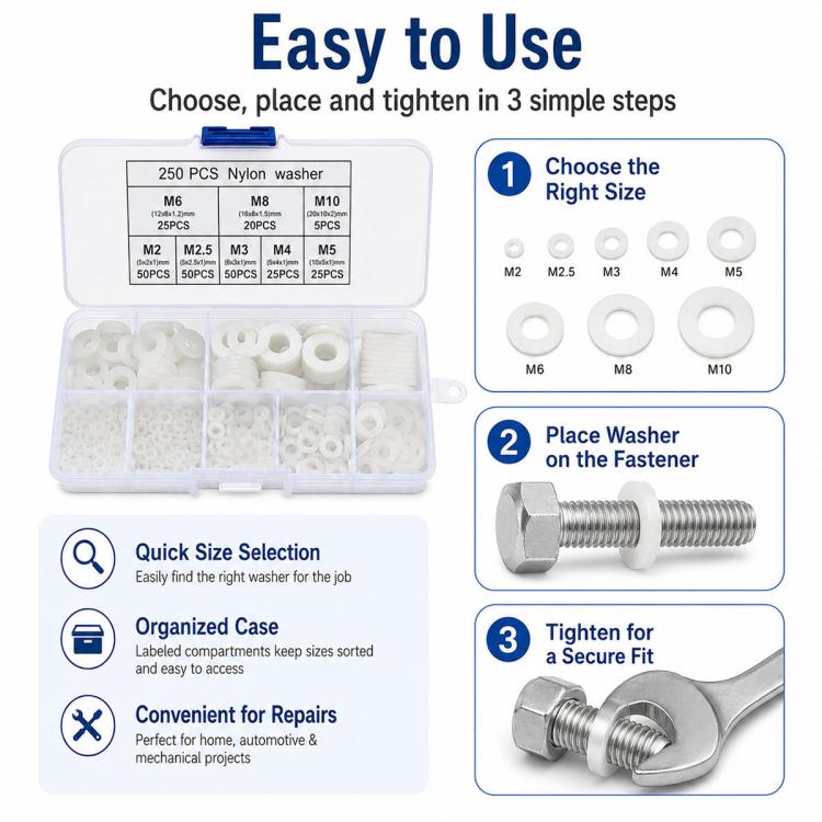 Nylon washer kit with white O-shaped washers in a clear case for easy selection