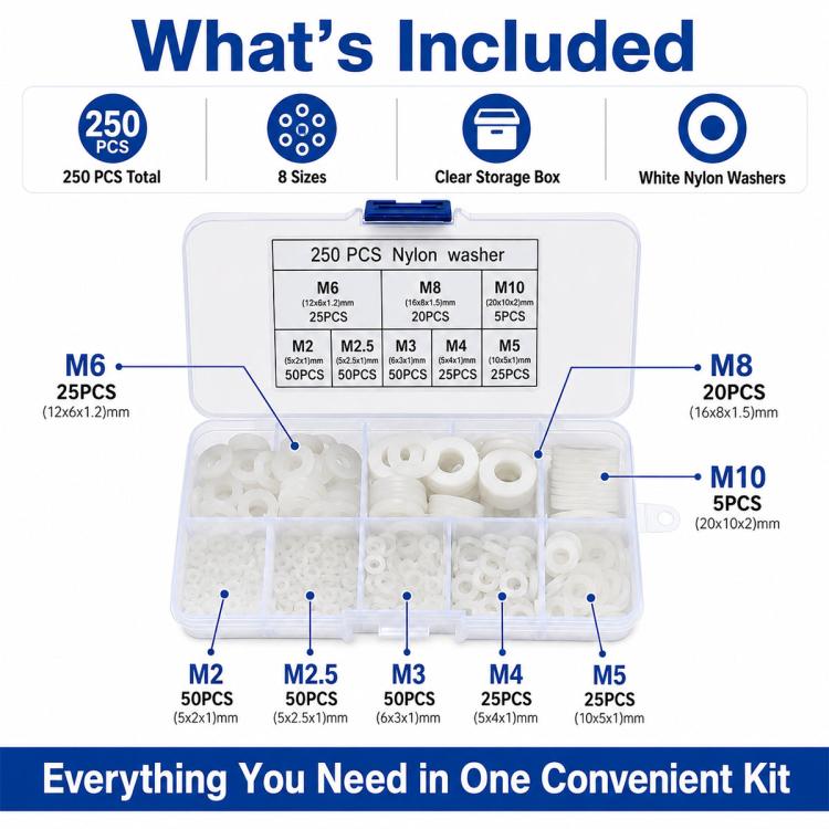 Nylon washer kit with clear storage box and assorted white nylon O-shaped washers