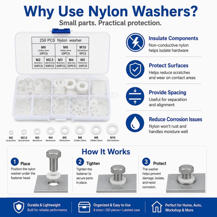 Nylon washer kit with assorted white O-shaped washers in a clear storage case
