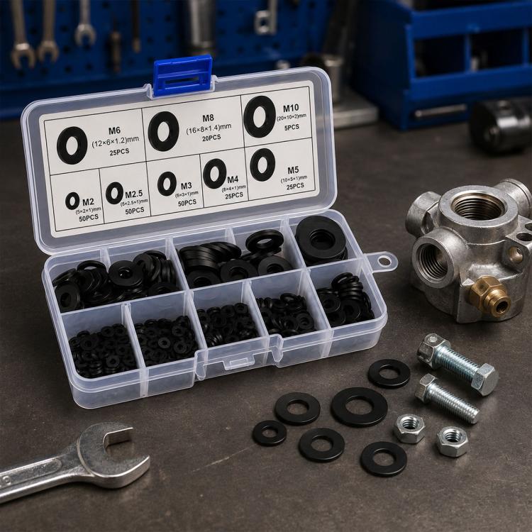 O-shaped seal ring kit with black washers, plus silver fittings and bolts