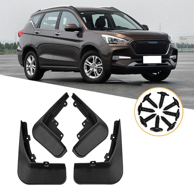 Set of four black car splash flaps with mounting screws and brackets