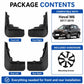 Four black mud flaps with mounting screws shown for front and rear