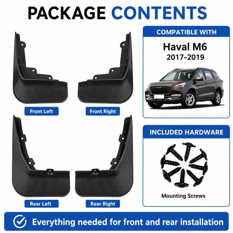 Four black mud flaps with mounting screws shown for front and rear