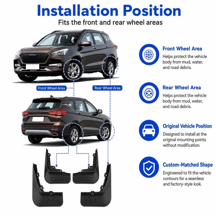 Black splash flaps shaped for front and rear wheel areas