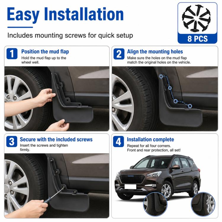 Black mud flaps and mounting screws for quick setup