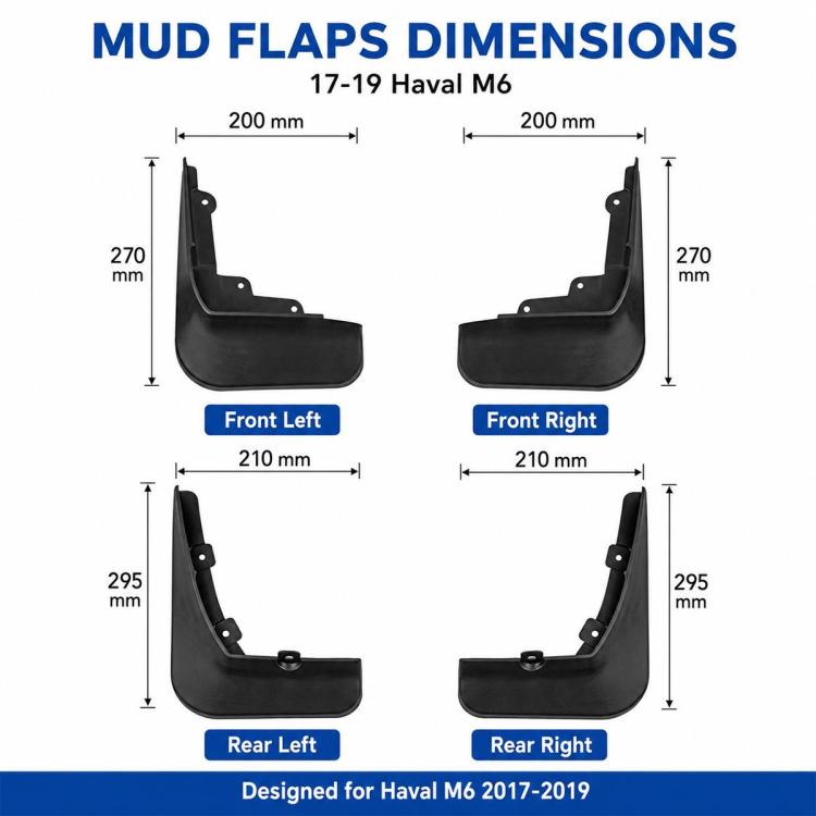 Black mud flap set with front and rear left/right dimension layout
