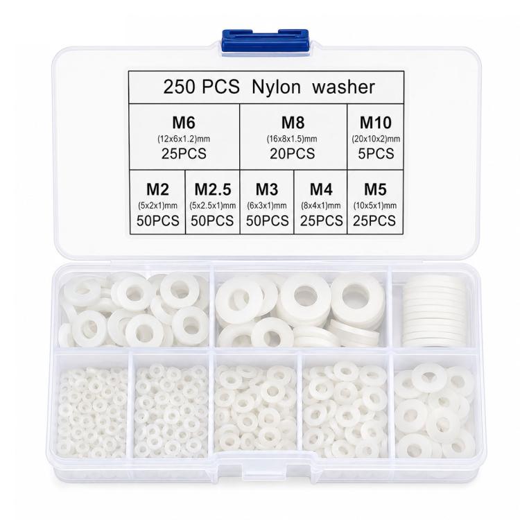Nylon washer kit in clear case showing multiple compartments of white washers