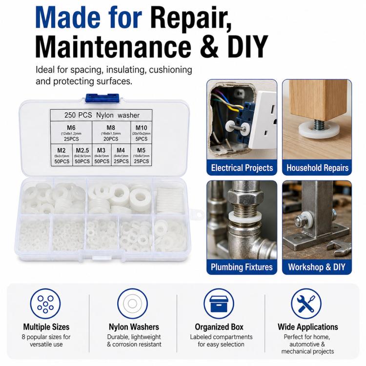 Nylon washer kit in clear case with assorted white washers for repair and DIY