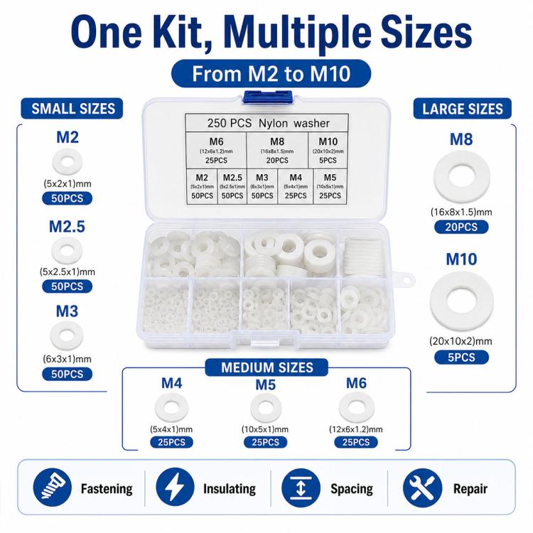 Nylon washer kit with multiple sizes of white washers arranged in organizer case