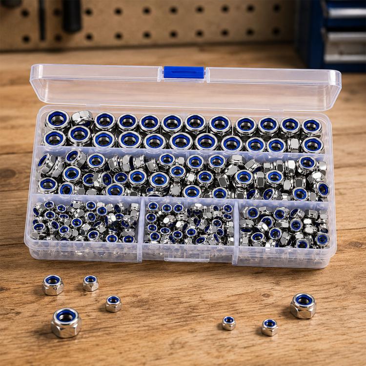 Hex lock nuts set with nylon insert, assorted sizes, in clear organizer box