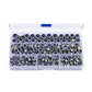 Assorted hex lock nuts with blue nylon inserts, sorted in clear storage tray