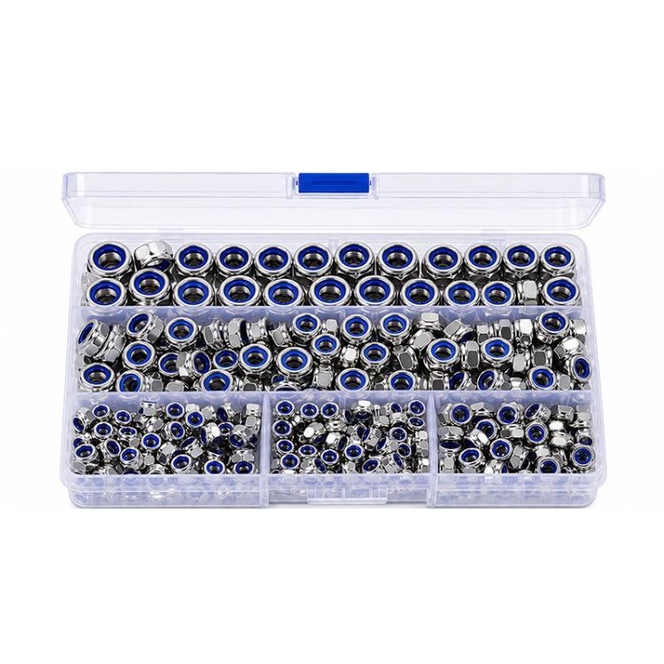 Assorted hex lock nuts with blue nylon inserts, sorted in clear storage tray