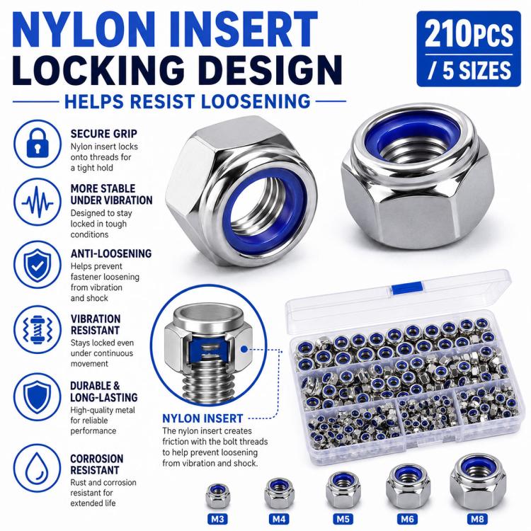 Hex lock nuts with blue nylon inserts and metal body, assorted kit