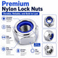 Hex lock nuts with blue nylon inserts, chrome metal, locking set
