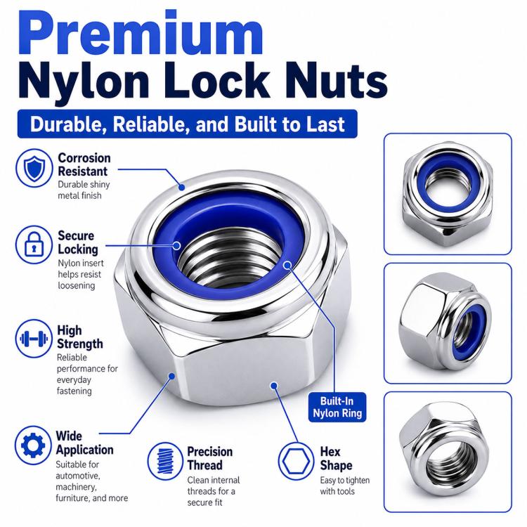 Hex lock nuts with blue nylon inserts, chrome metal, locking set