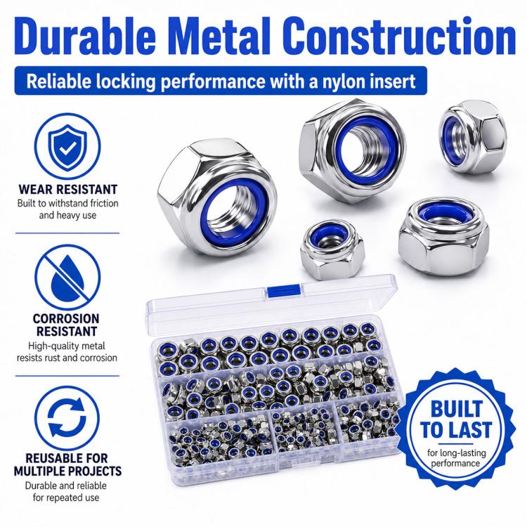 Metal hex lock nuts with blue nylon inserts in clear plastic storage box