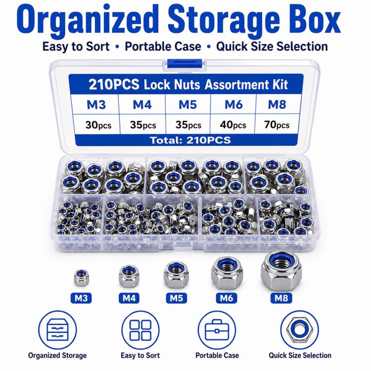 210pcs lock nuts assortment in clear organizer case with blue nylon inserts