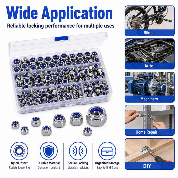 Hex lock nuts with blue nylon inserts and clear organizer case