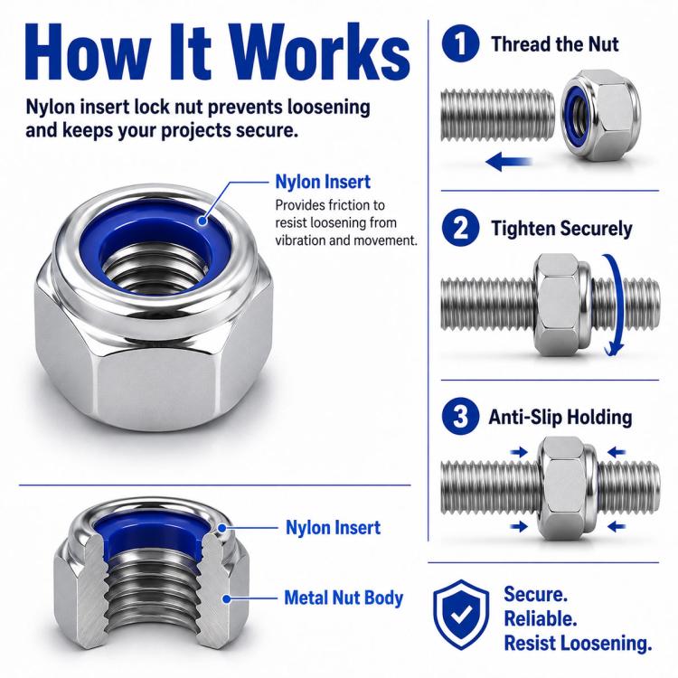 Nylon insert lock nut with blue insert on threaded bolt, close-up