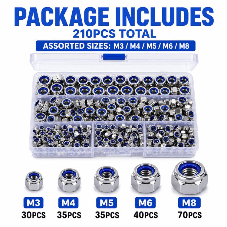 210pcs assorted hex lock nuts kit with clear case and five sizes