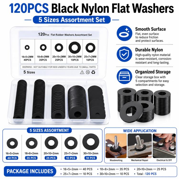 Black nylon flat washer assortment set in clear organizer case, 5 sizes