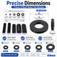 Black nylon flat washers assortment with size diagram and five included sizes
