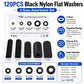 Black nylon flat washer assortment set in clear tray, 120 pcs, 5 sizes