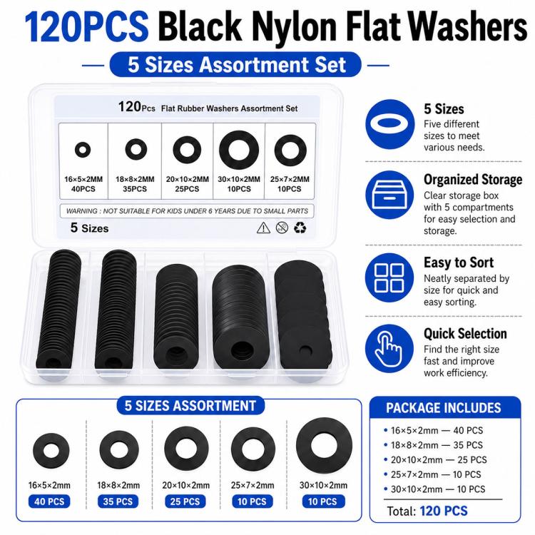 Black nylon flat washer assortment set in clear tray, 120 pcs, 5 sizes