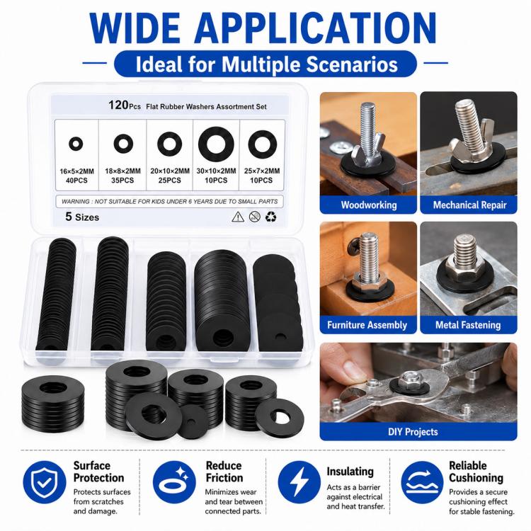 Black nylon flat washer assortment set showing multiple scenarios and stacked washers