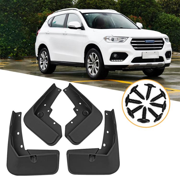 Set of four black car splash flaps with mounting holes and hardware screws