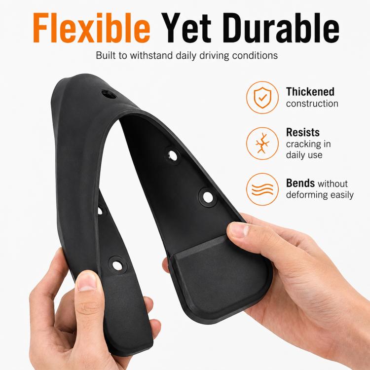 Flexible black splash flap pair with mounting holes held by hands