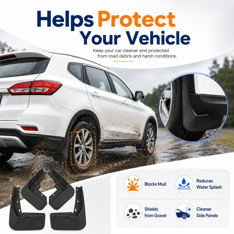 Black splash flaps set with wheel-arch fit shown on car
