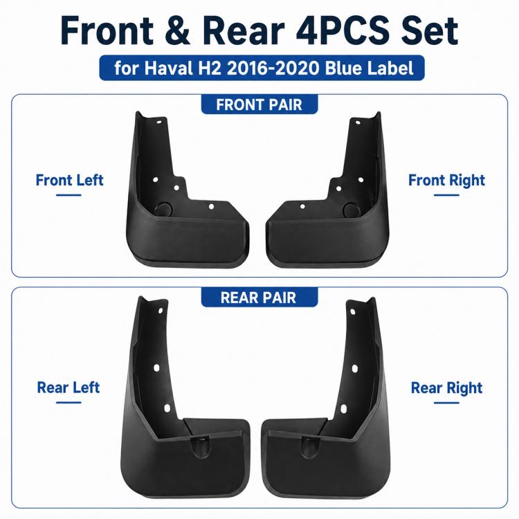 Front and rear four-piece black mud flap set, left and right flaps
