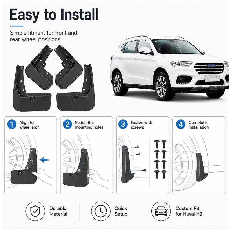 Black front and rear splash flaps with included mounting screws for easy install