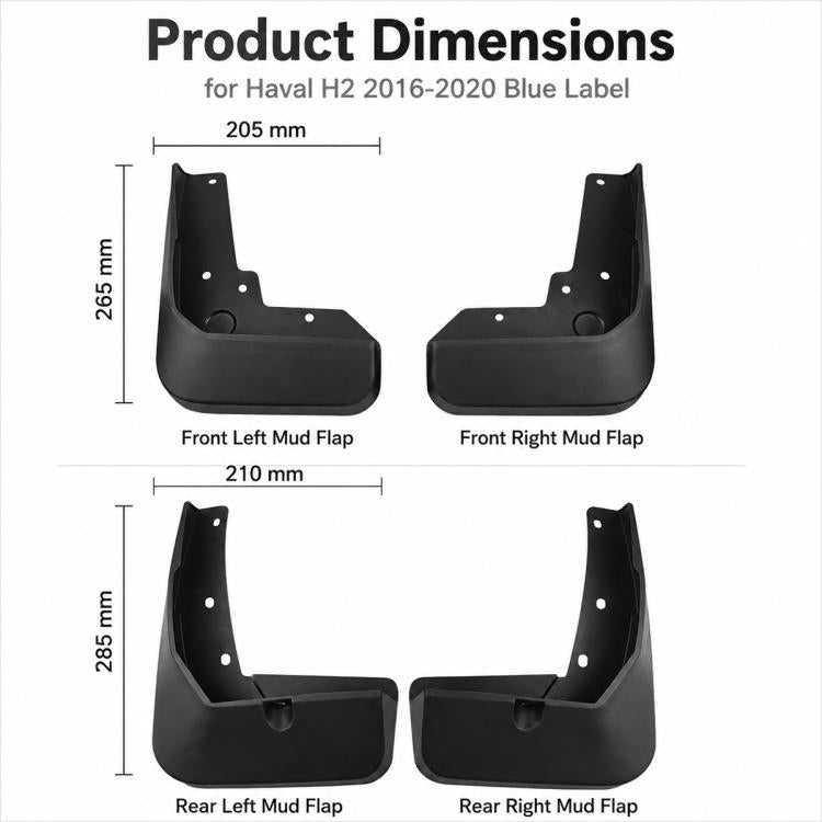 Black front and rear mud flap sizes diagram with four flaps shown