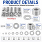 Silver metal flat insulating washers with round holes, stacked and shown individually