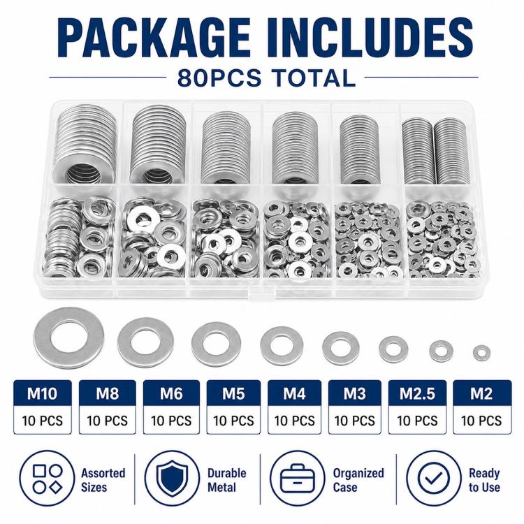 Pack of silver round metal flat washers in a compartment organizer, 80 pieces total