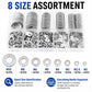 Assorted flat metal washers in clear compartment with round washers displayed underneath