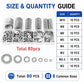 Flat metal washer set shown with assorted pieces in clear tray and a size row below