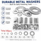 Durable flat metal washers in clear organizer tray with several washers laid out in front