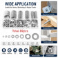 Flat metal washer assortment with washers laid out below for easy size viewing