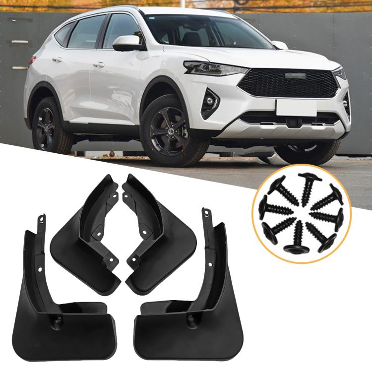 Black 4-piece car splash flap set with mounting brackets and screws