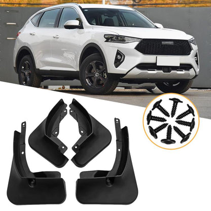 Black 4-piece car splash flap set with mounting brackets and screws